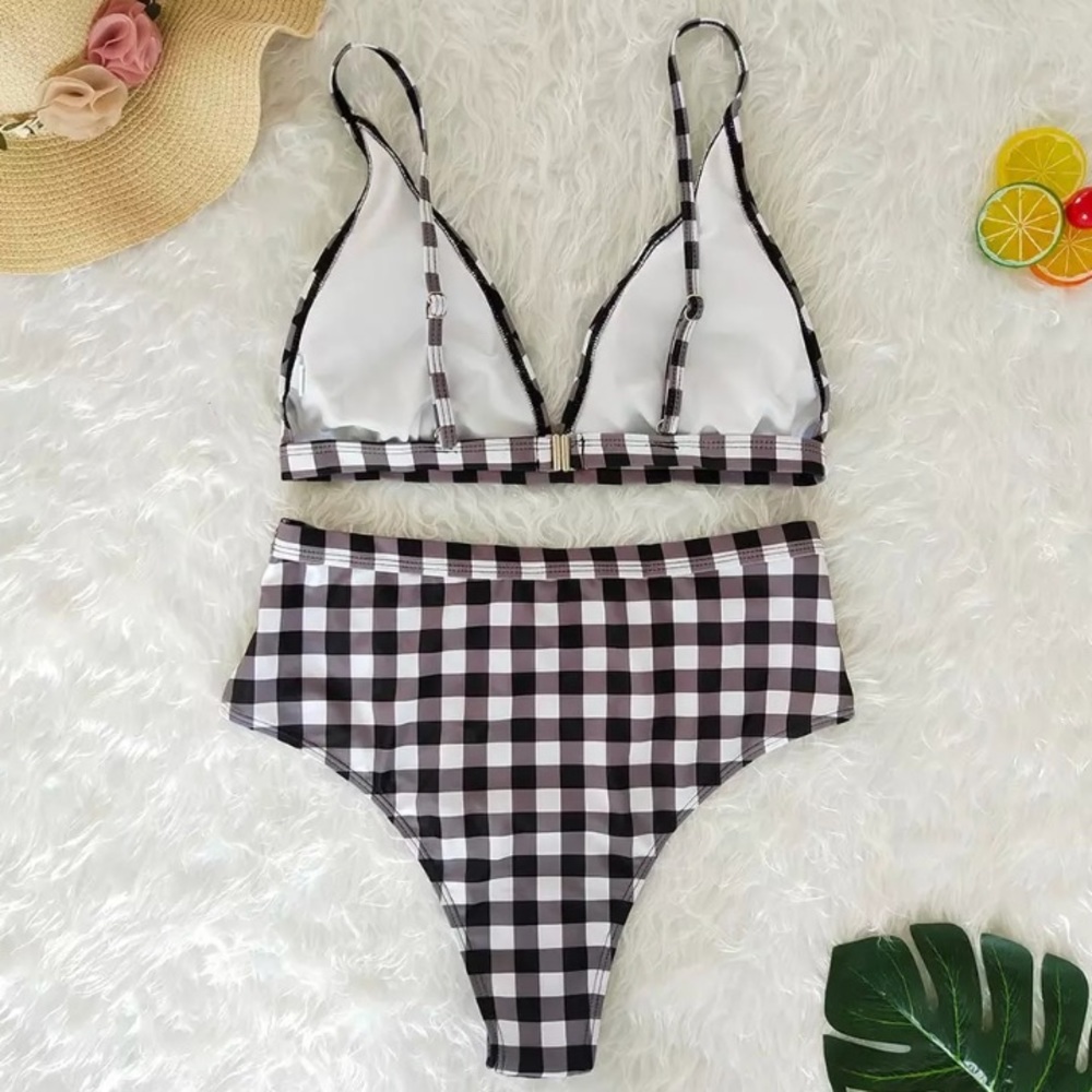 CLEARANCE Black Gingham Check High Waisted Bikini Swimsuit - Picture 4 of 4